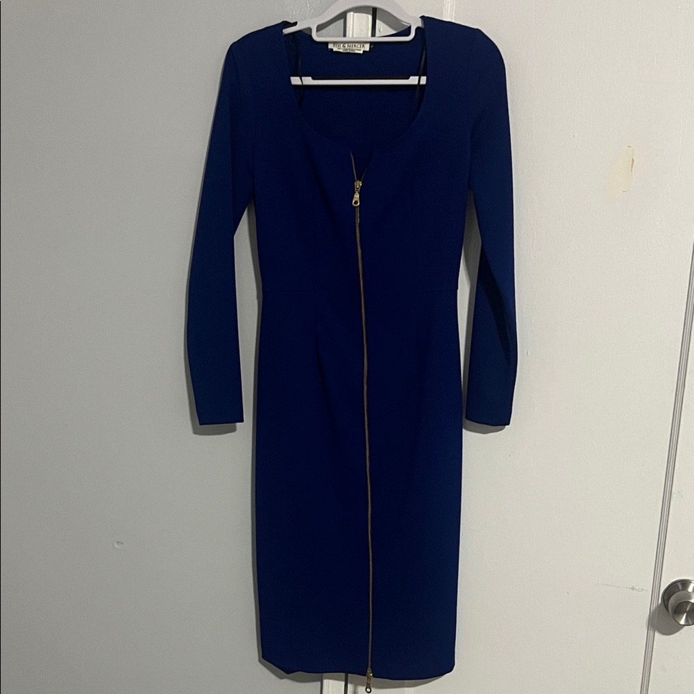 Chic Long Sleeve Blue Dress with Zipper